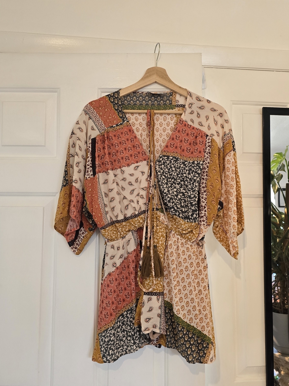 Patchwork Printed V-Neck Tassel Tie Romper